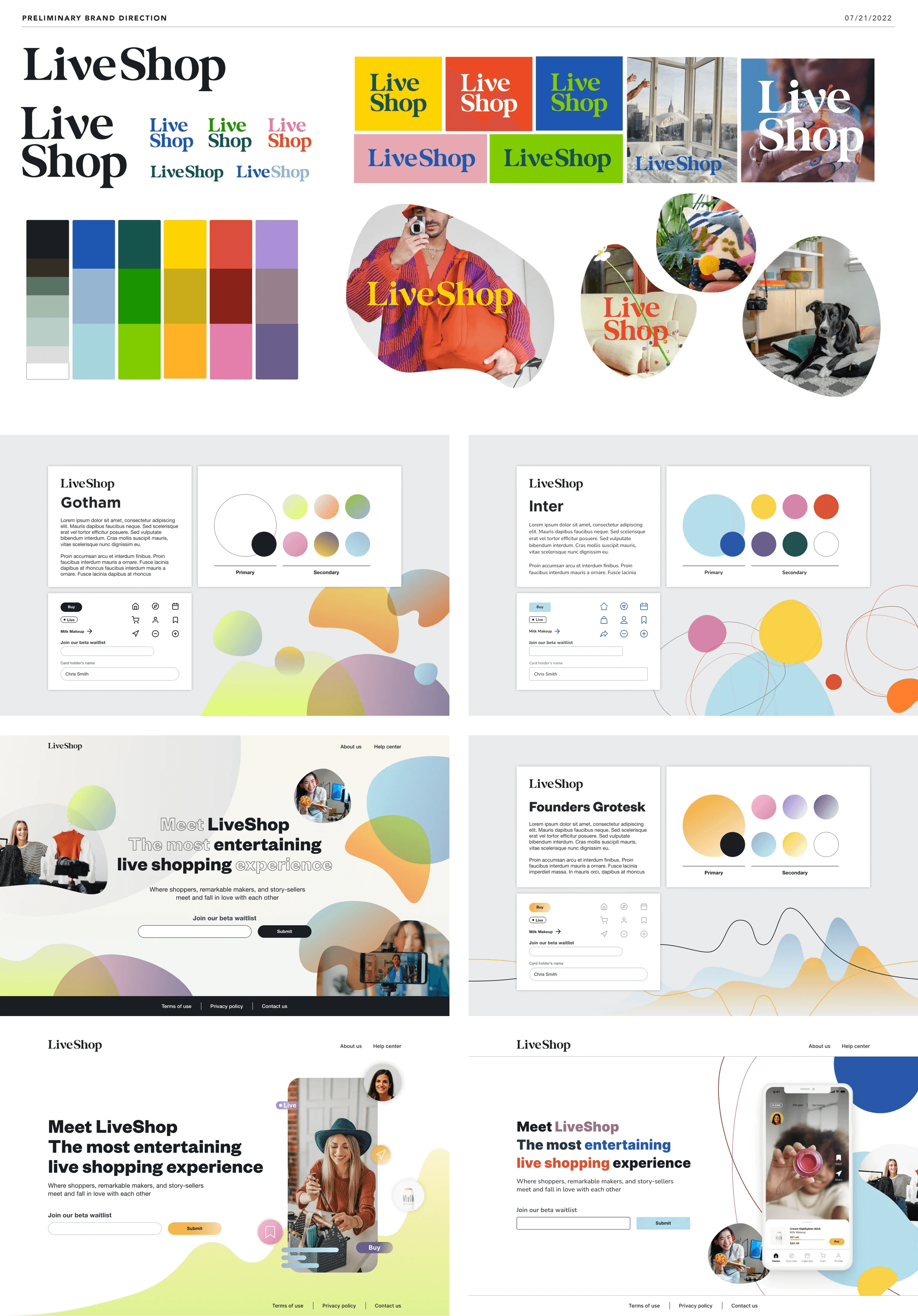 LiveShop brand direction, typography explorations and landing-page concepts
