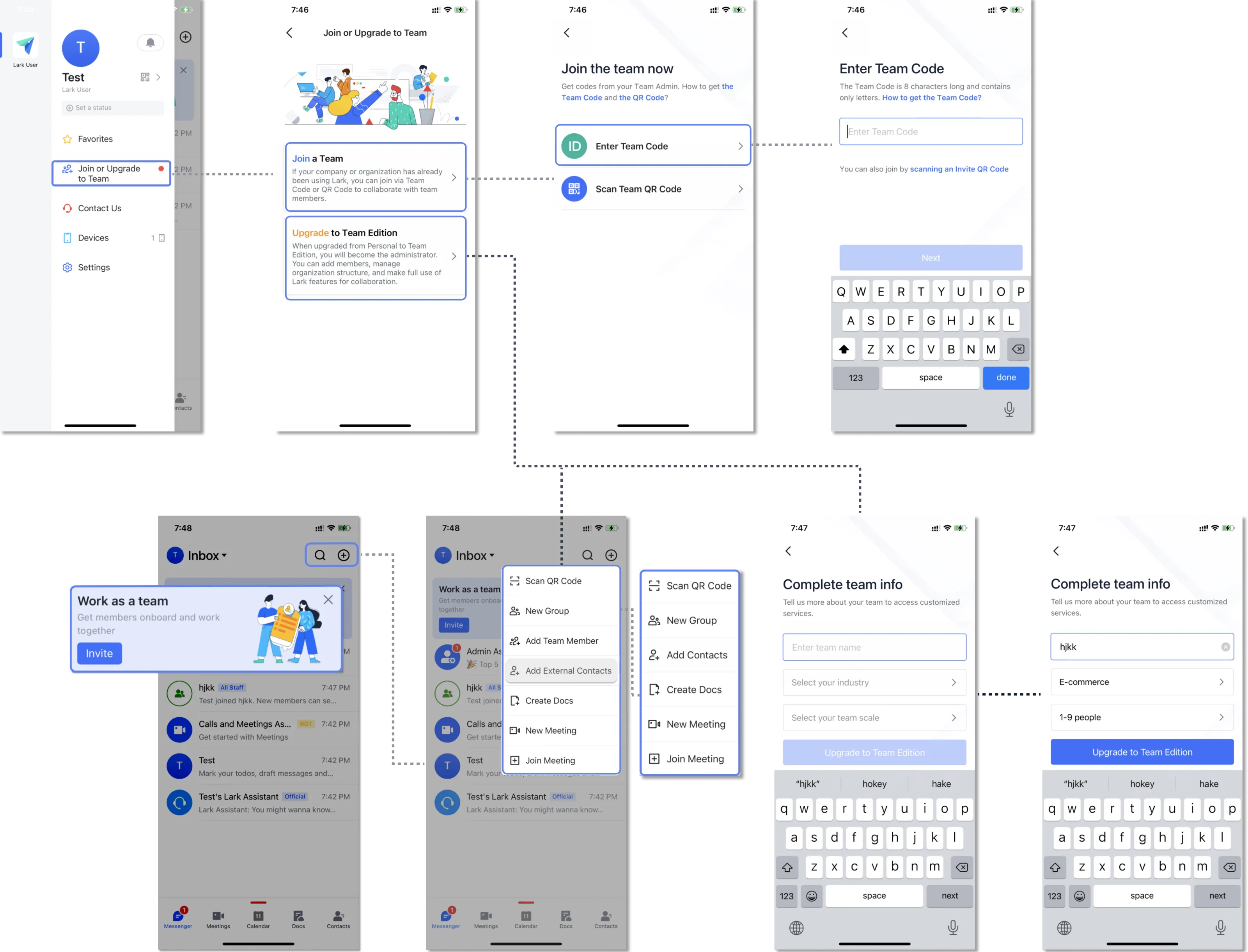 Eight Lark mobile screens covering joining a team by code or QR and upgrading a personal account