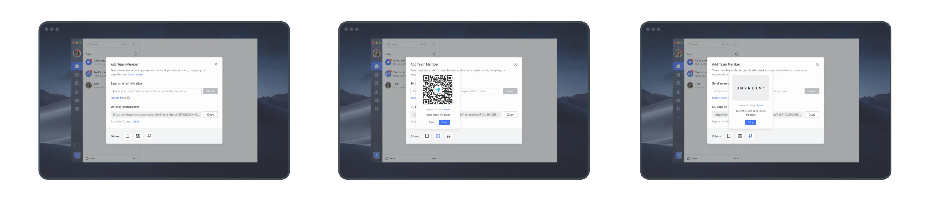 Three states of Lark desktop's Add Team Member dialog, from email invite to shared link