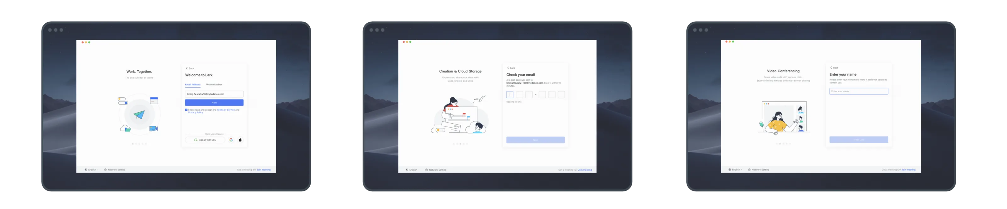 Three Lark desktop windows pairing rotating value-proposition illustrations with email entry