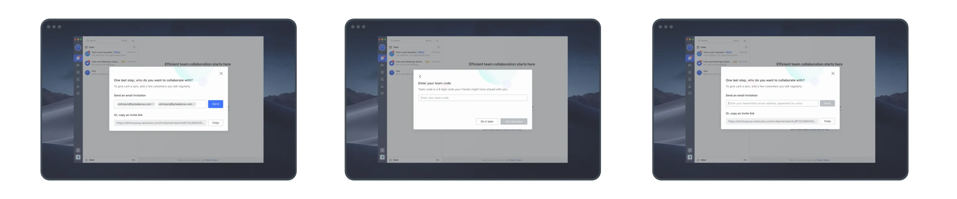 Three states of Lark desktop's post-signup collaborator invite dialog