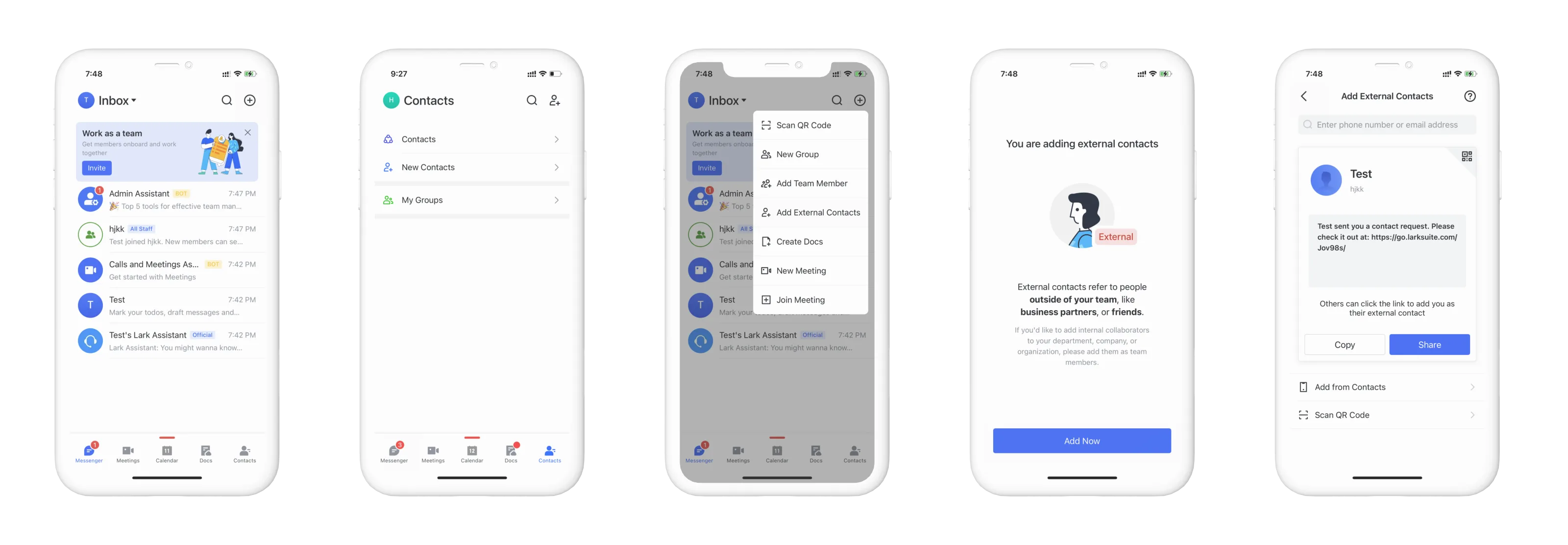 Five Lark mobile screens for adding an external contact