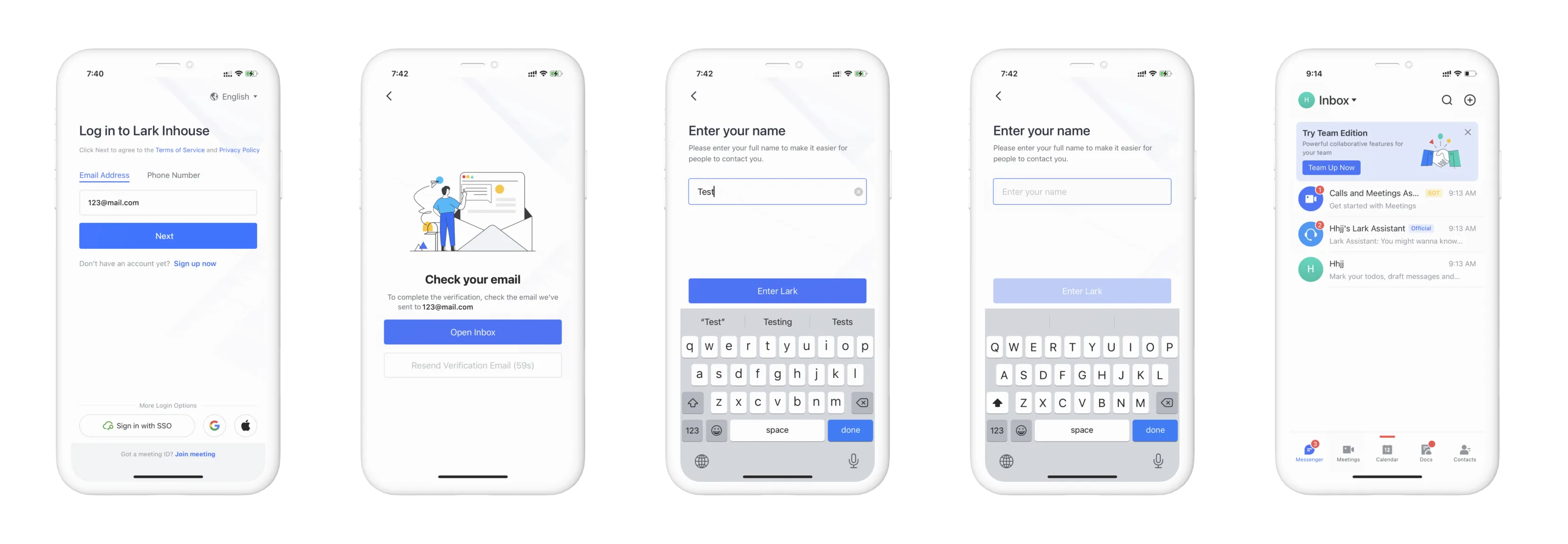 Five Lark mobile screens covering email sign-in