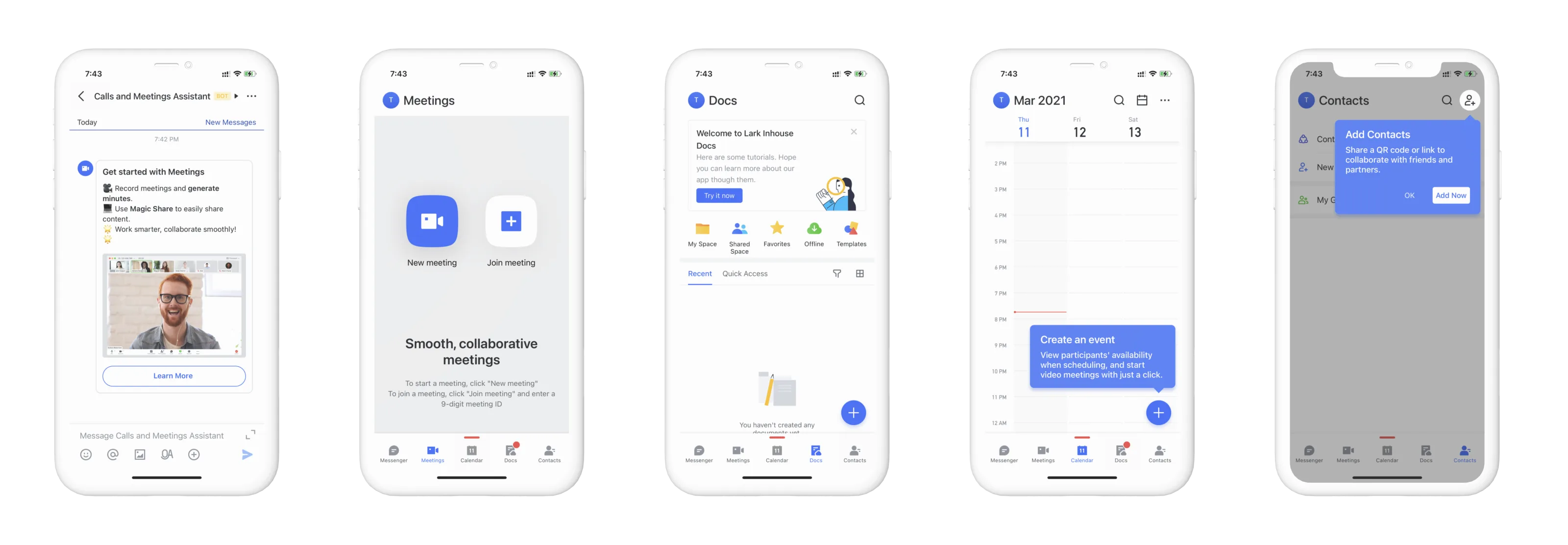Five Lark mobile tabs showing first-run guidance