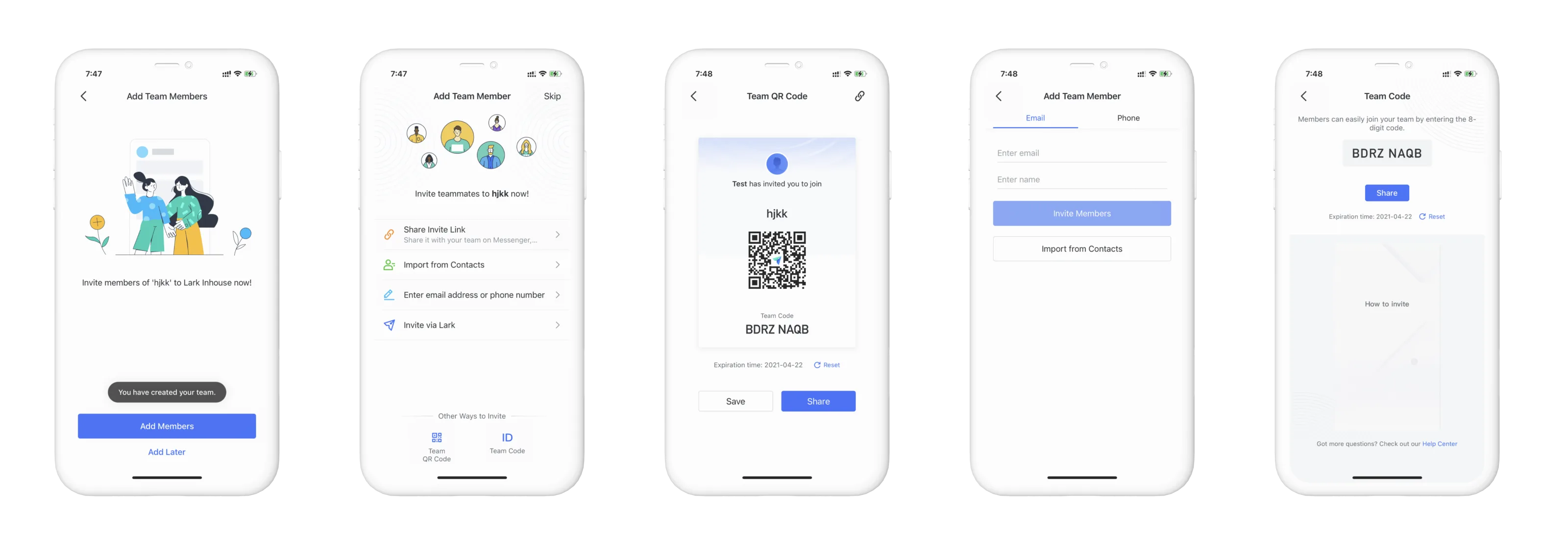 Five Lark mobile screens for inviting teammates after creating a team