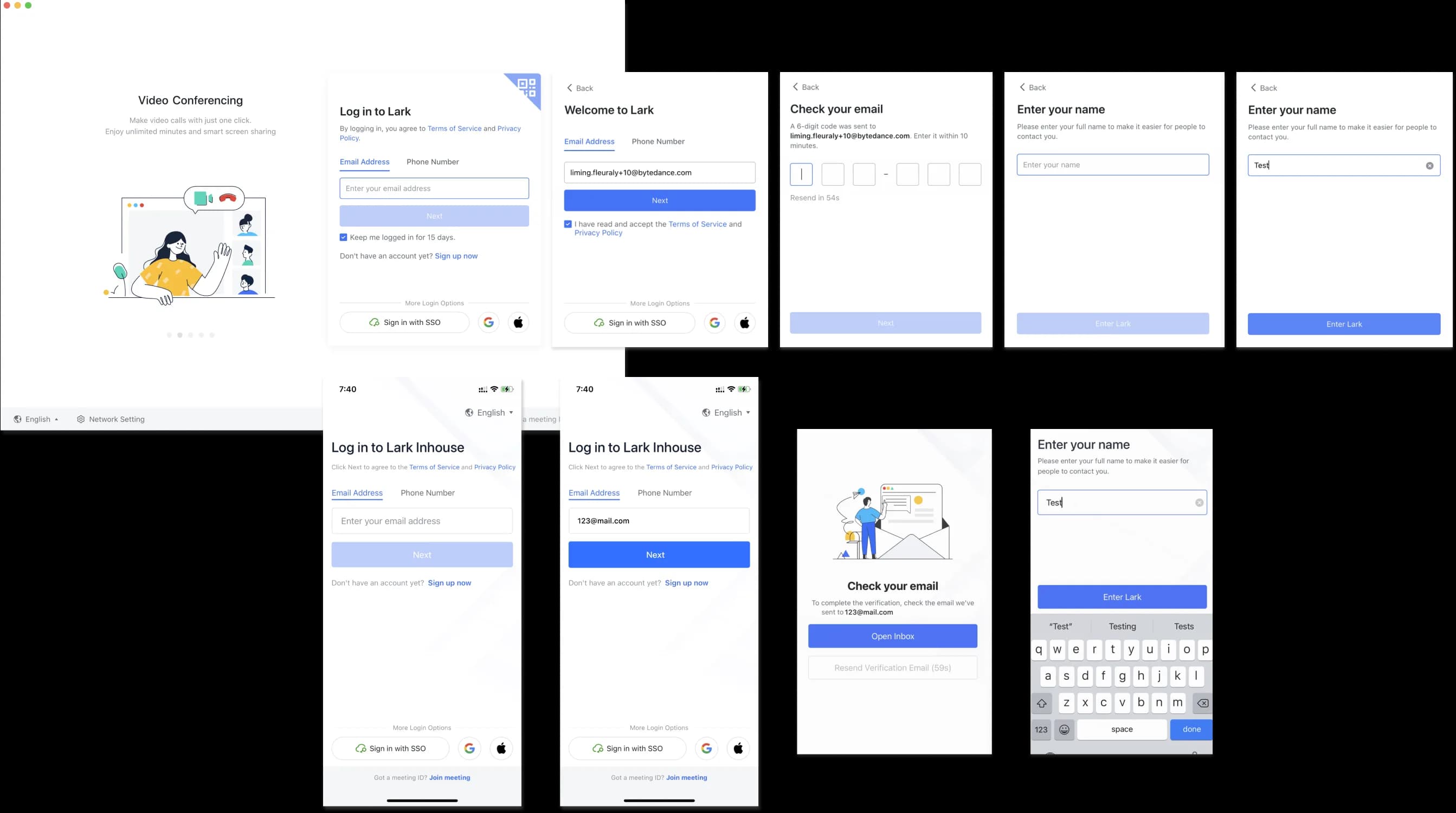 New Lark sign-up flow shown across five desktop screens and four mobile screens