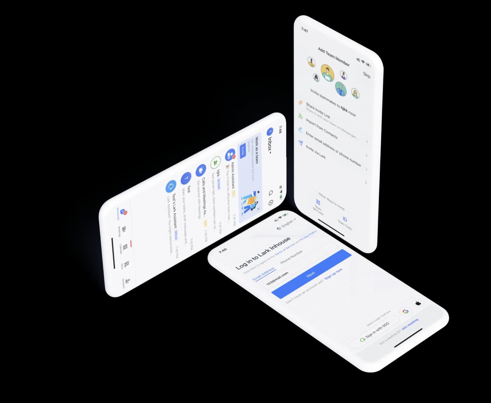 Three phone mockups showing the Lark inbox after onboarding