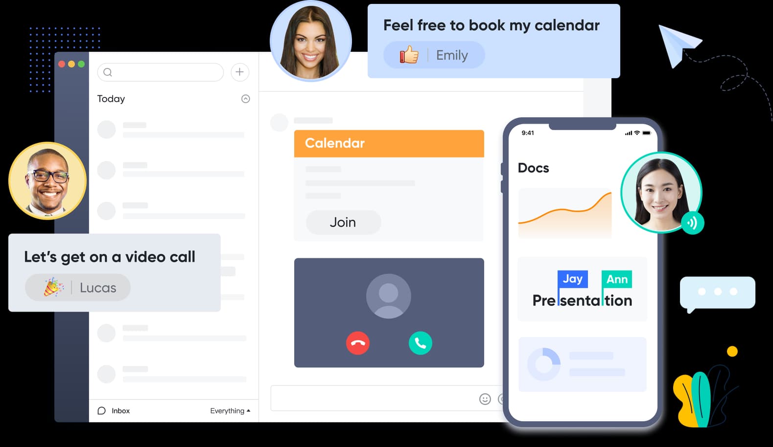 Collage of Lark's chat, docs, calendar and video-call surfaces