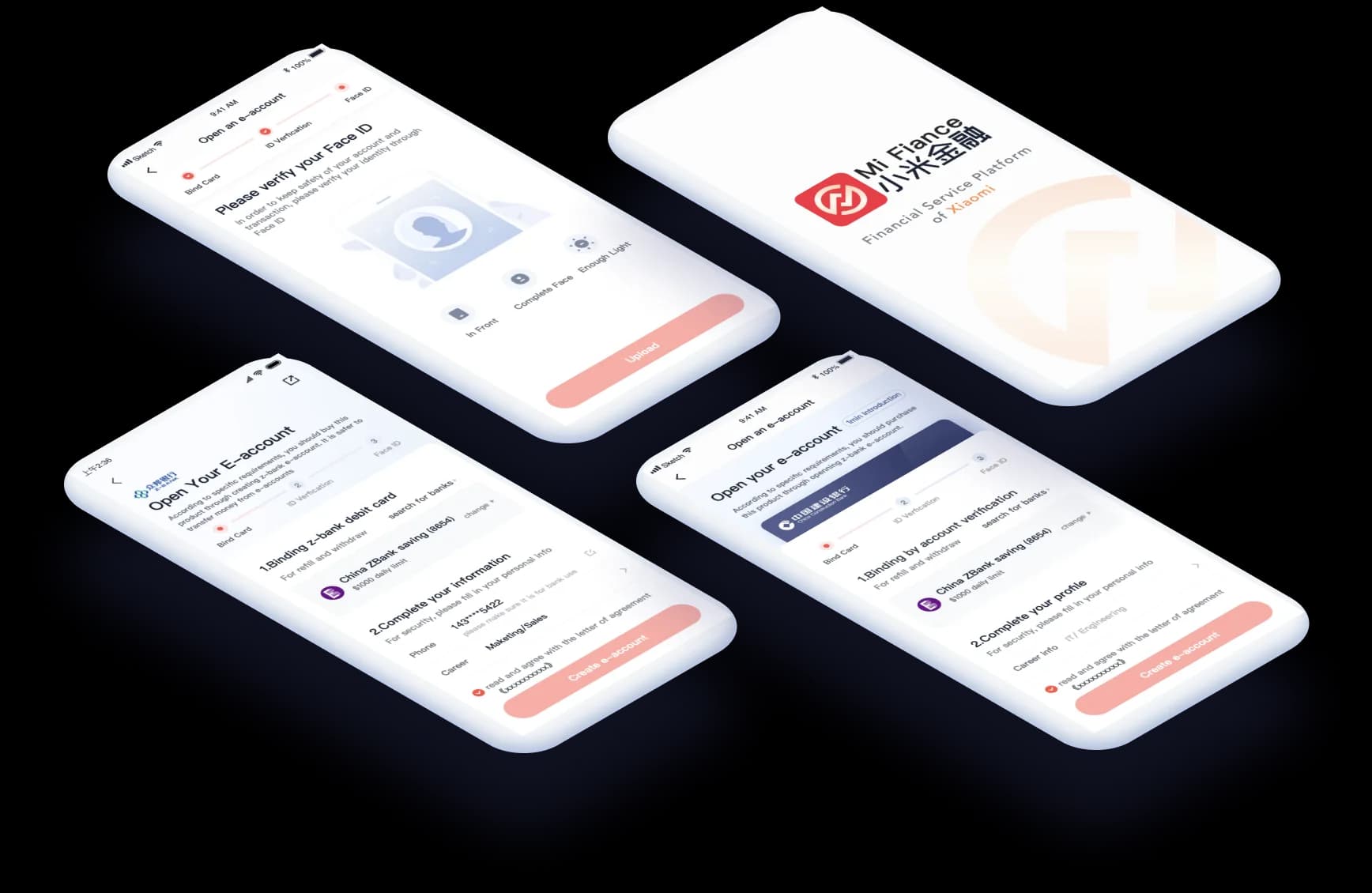 Isometric showcase of four Mi Finance phone screens on a deep blue backdrop