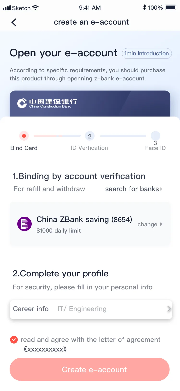 E-account opening screen variant with a one-minute introduction tag