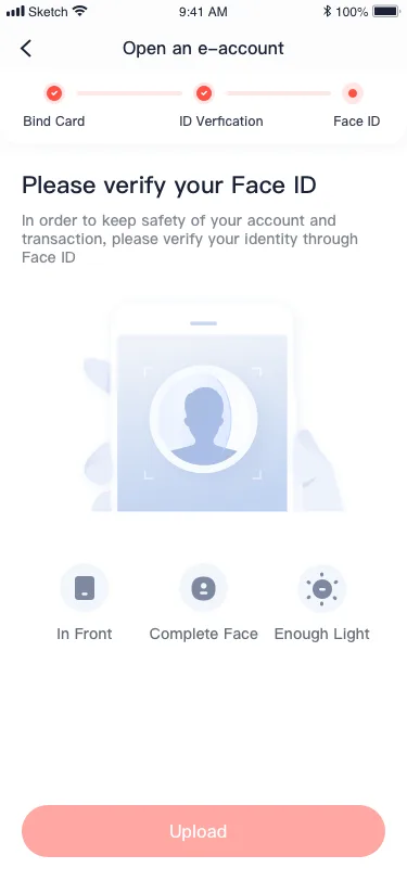 Face ID verification screen with a completed two-step indicator