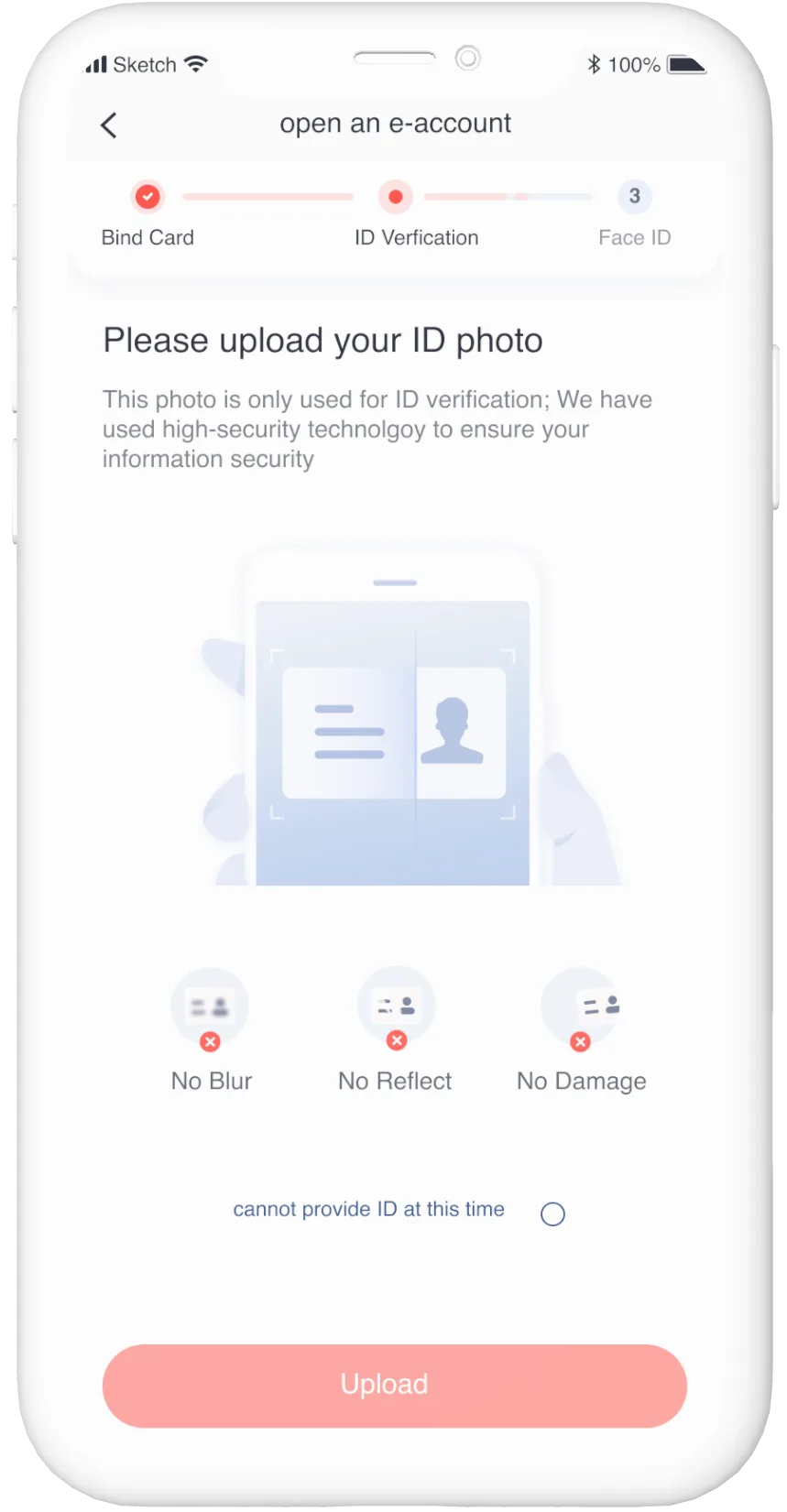 High-fidelity ID upload screen showing a document framed in a phone