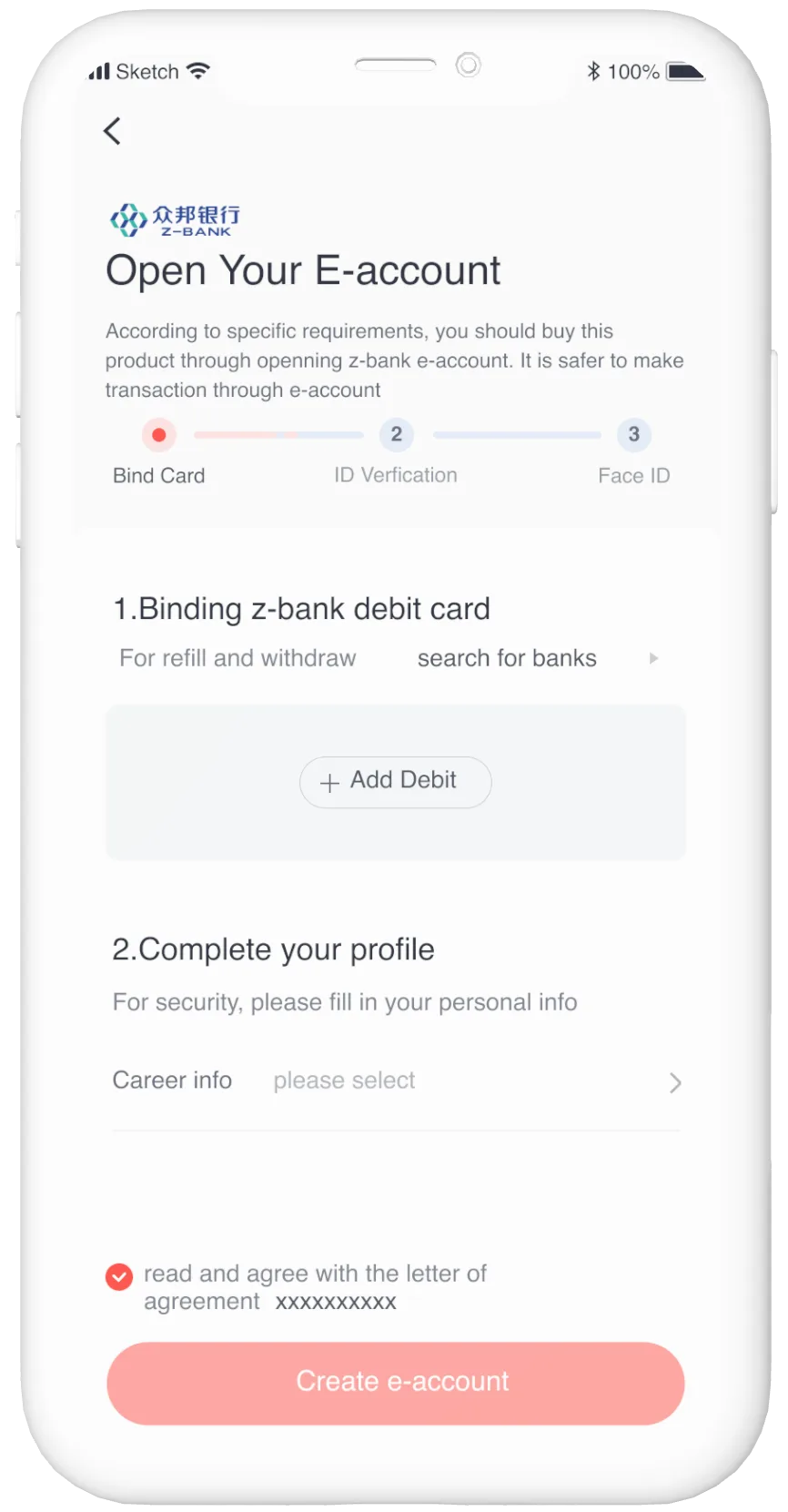 High-fidelity account opening screen with a three-step progress bar
