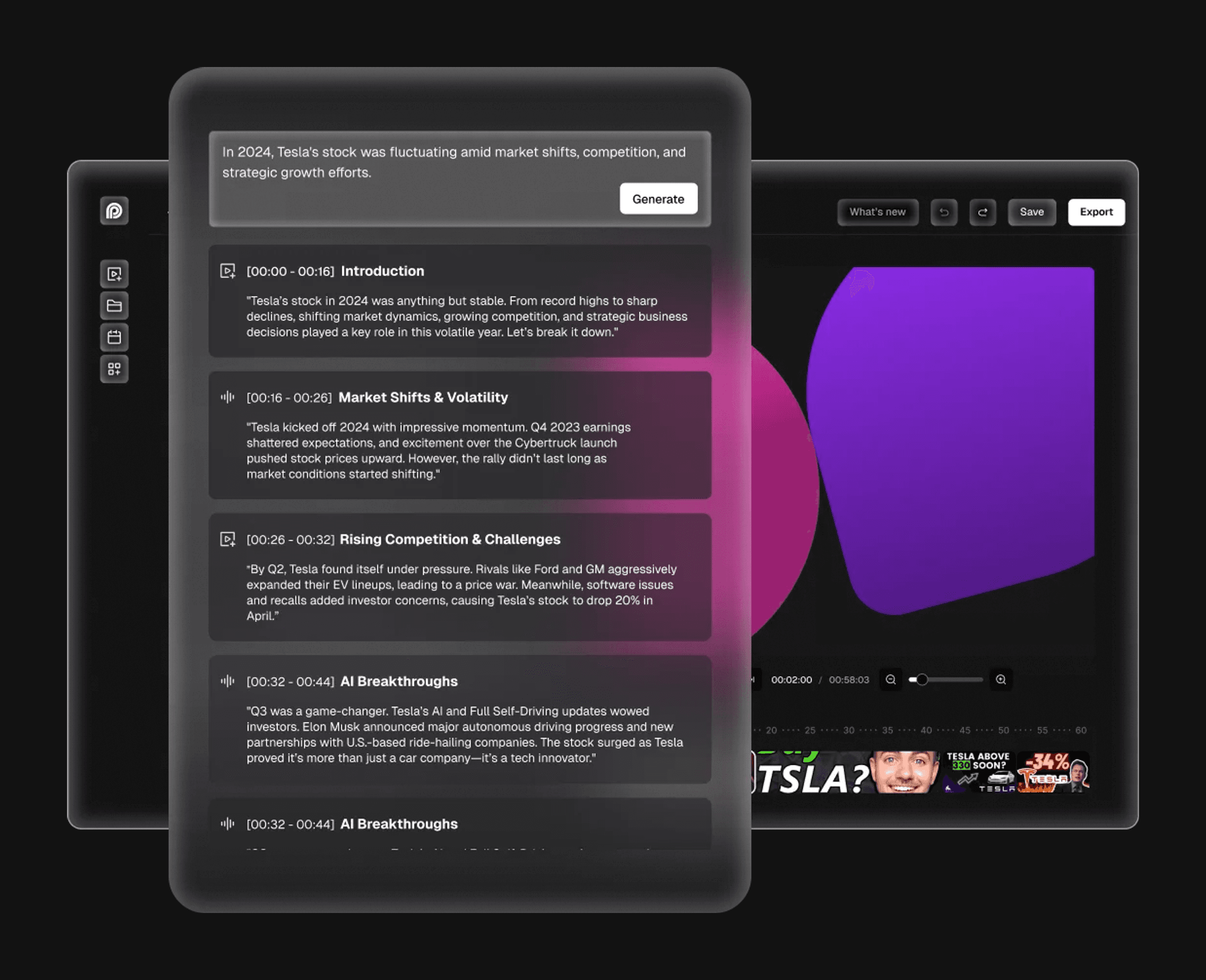 Prompt-generated storyboard with narrated sections beside the video preview