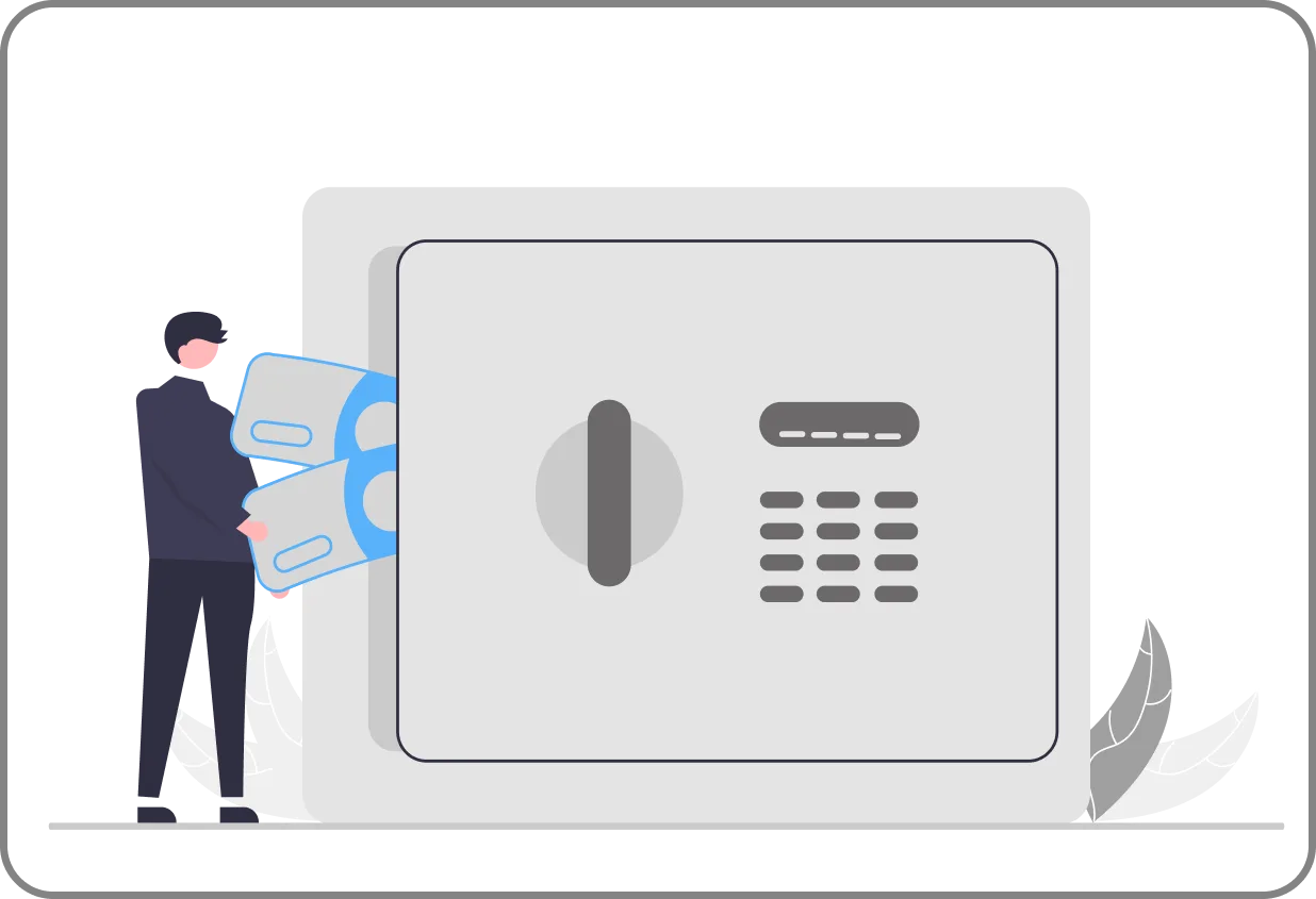 Flat illustration of a person holding two large keys in front of a locked safe