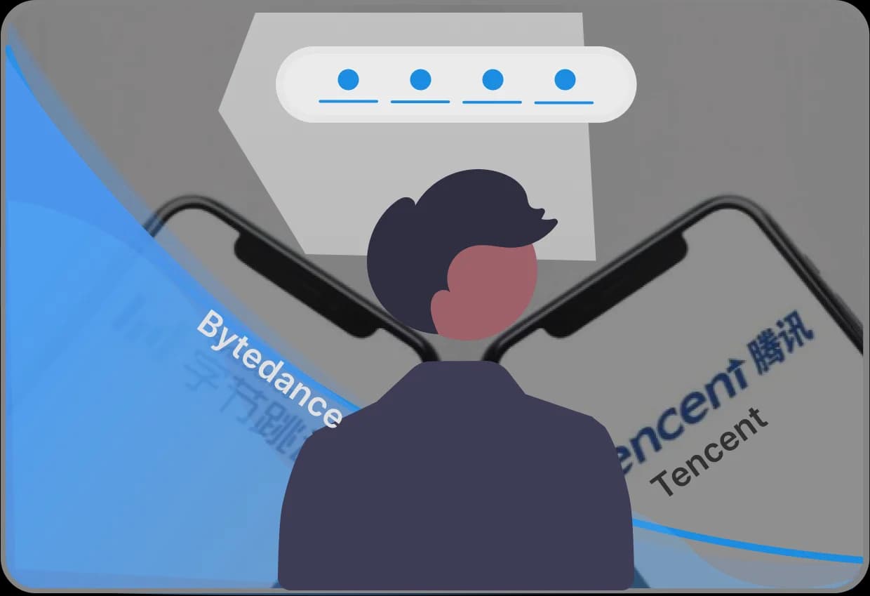 Illustration of a person standing between two phones branded ByteDance and Tencent