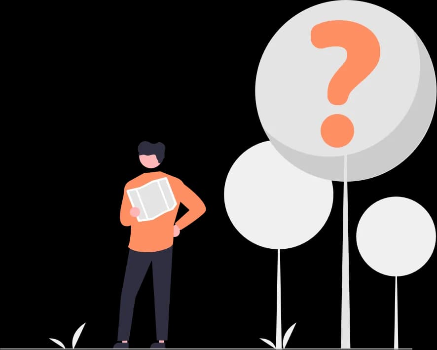 Flat illustration of a man holding a map beside stylised trees with a large question mark above him
