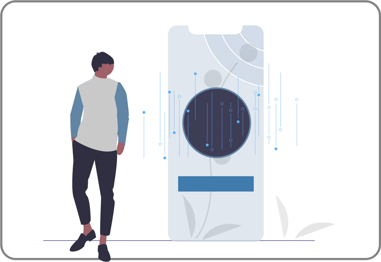 Flat illustration of a person waiting beside an oversized phone showing a loading graphic
