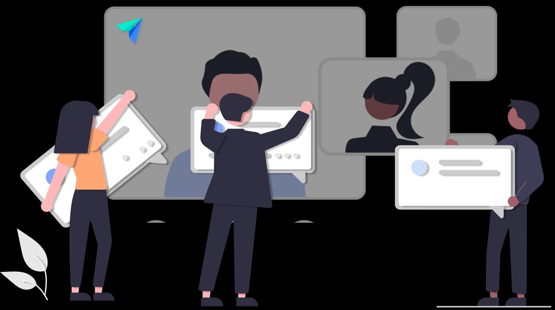 Flat grey illustration of four people standing in front of chat bubbles and profile cards