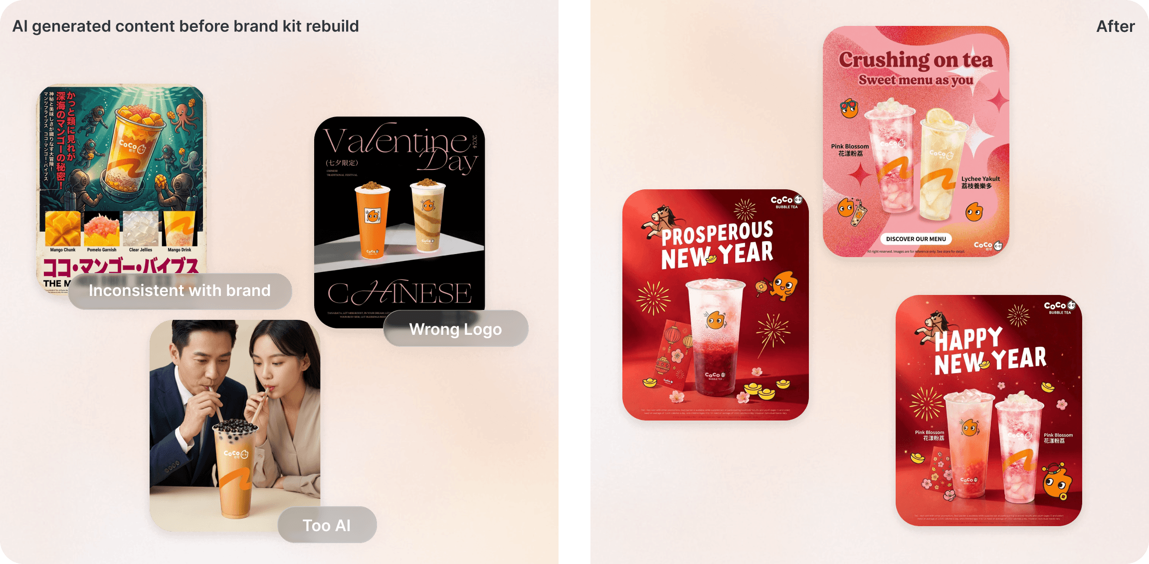 AI-generated content before the Brand Kit rebuild, flagged as inconsistent with brand, wrong logo and too AI, beside on-brand content after