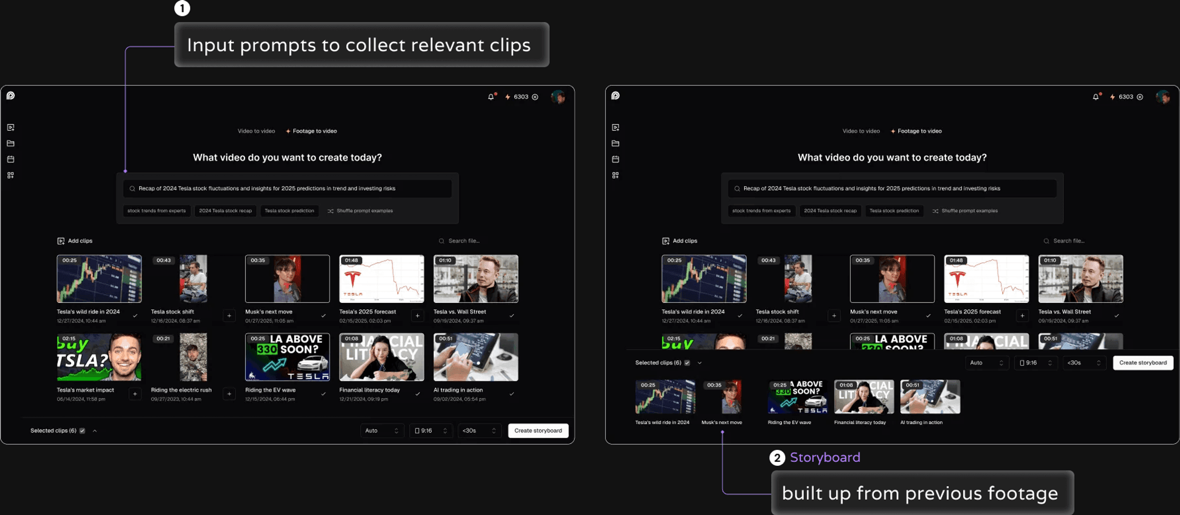 Prompt search and relevant clip collection mapped across the footage-to-video flow