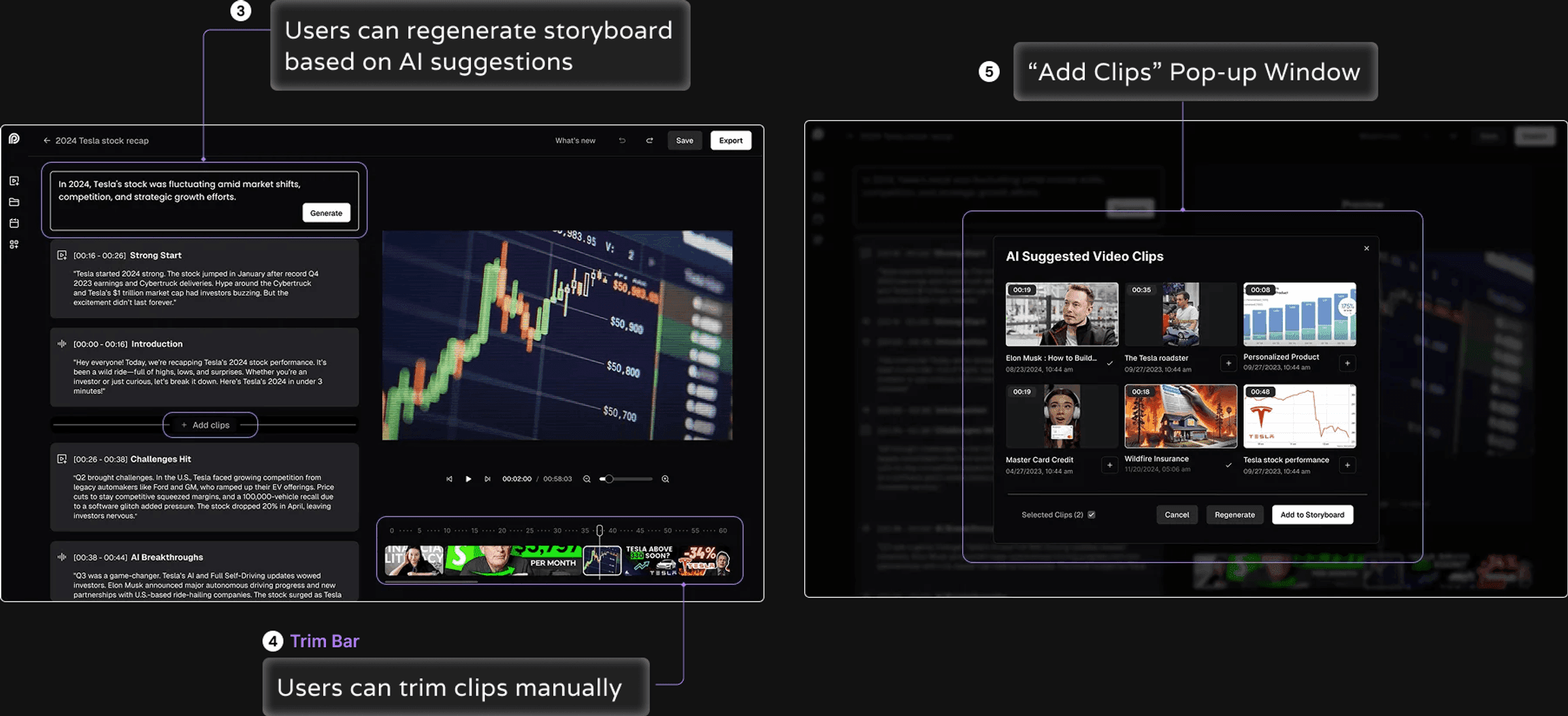 AI-generated storyline with controls to regenerate, add clips and trim scenes