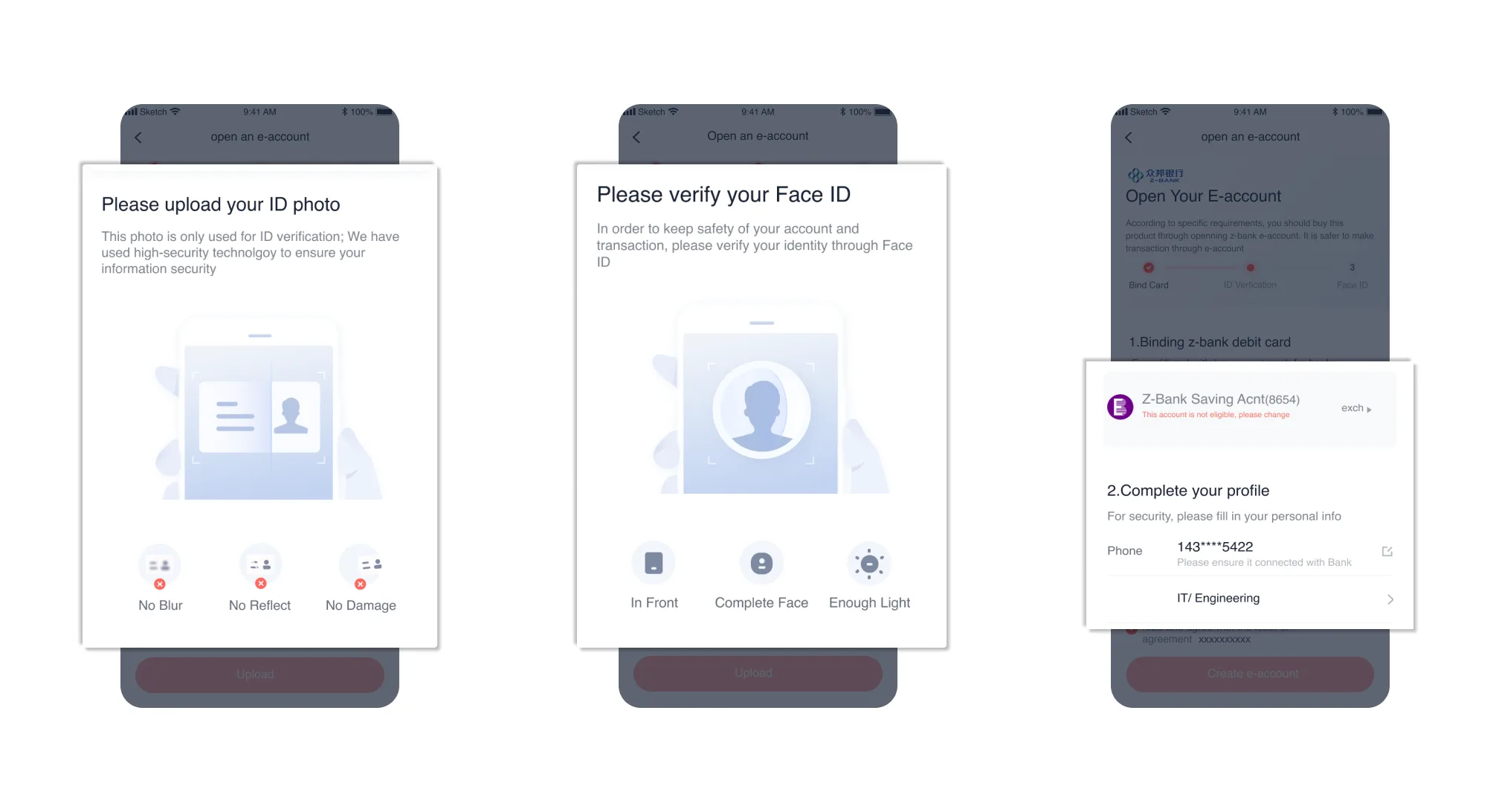 Three guidance screens for ID photo upload