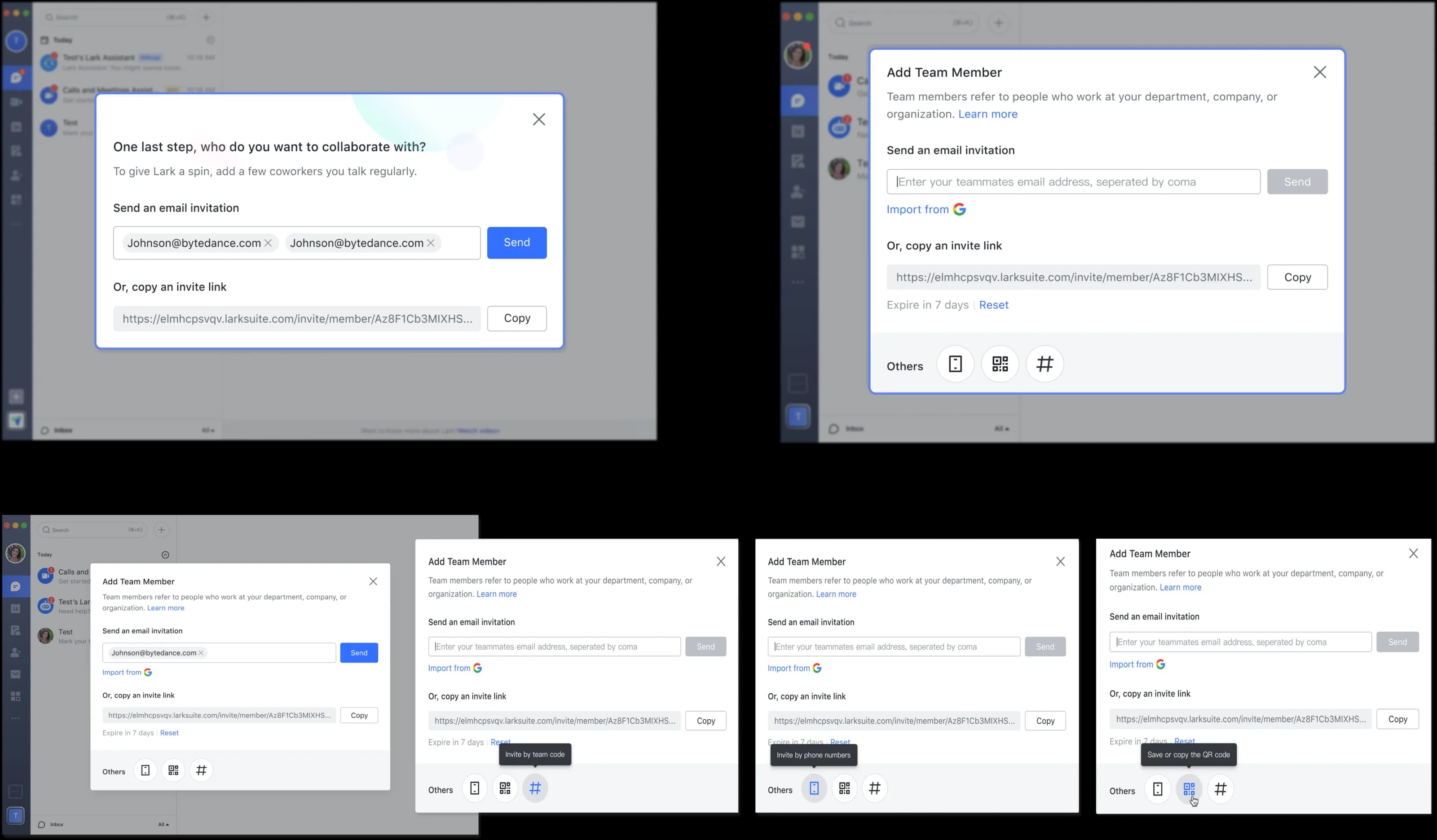 Six states of Lark's final Add Team Member dialog