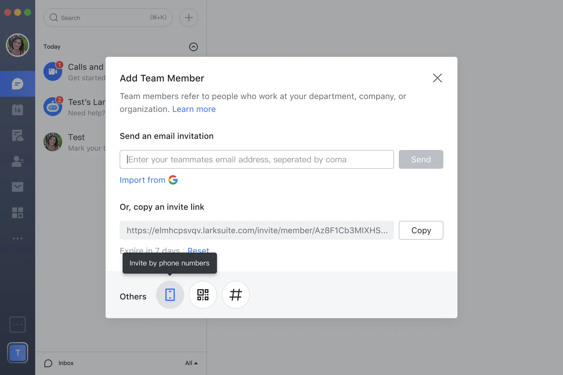 Lark Add Team Member dialog with email invite and a phone-invite tooltip