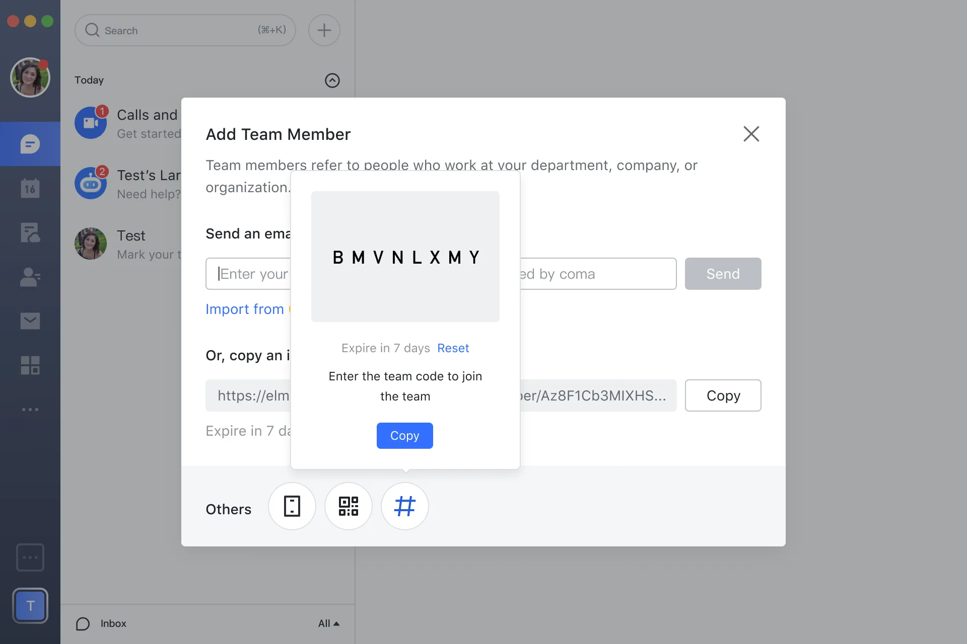 Lark desktop Add Team Member dialog with the team-code option open
