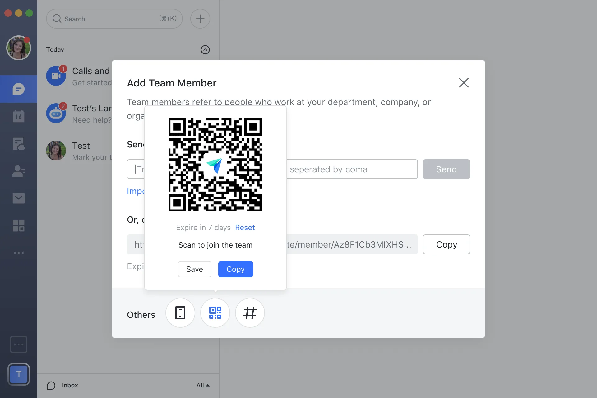 Lark add-team-member dialog offering email invites and a QR code