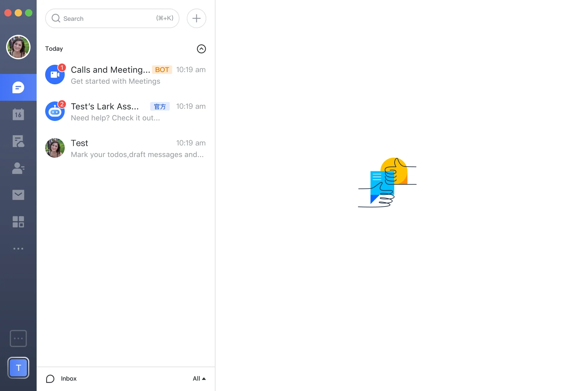 Lark desktop inbox on first launch with only bot and self conversations