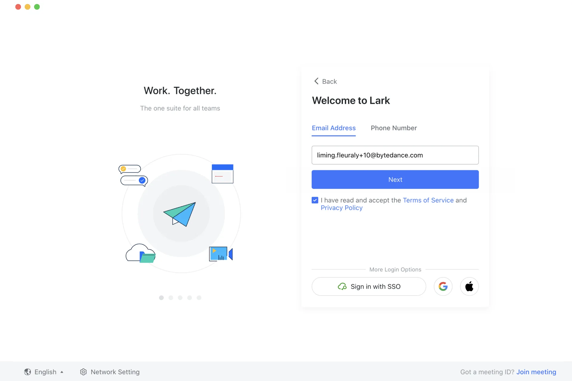 Lark login screen with email entry