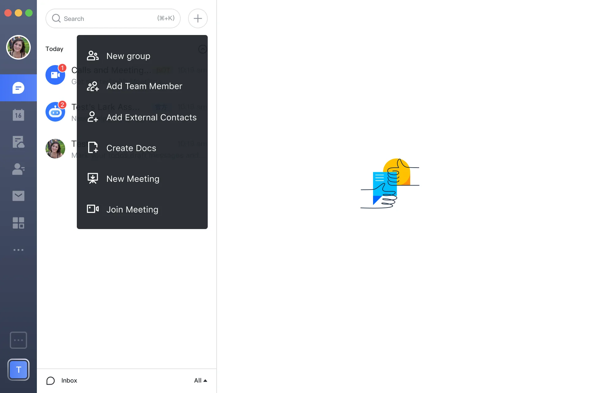 Lark desktop quick-add menu listing new group and other shortcuts