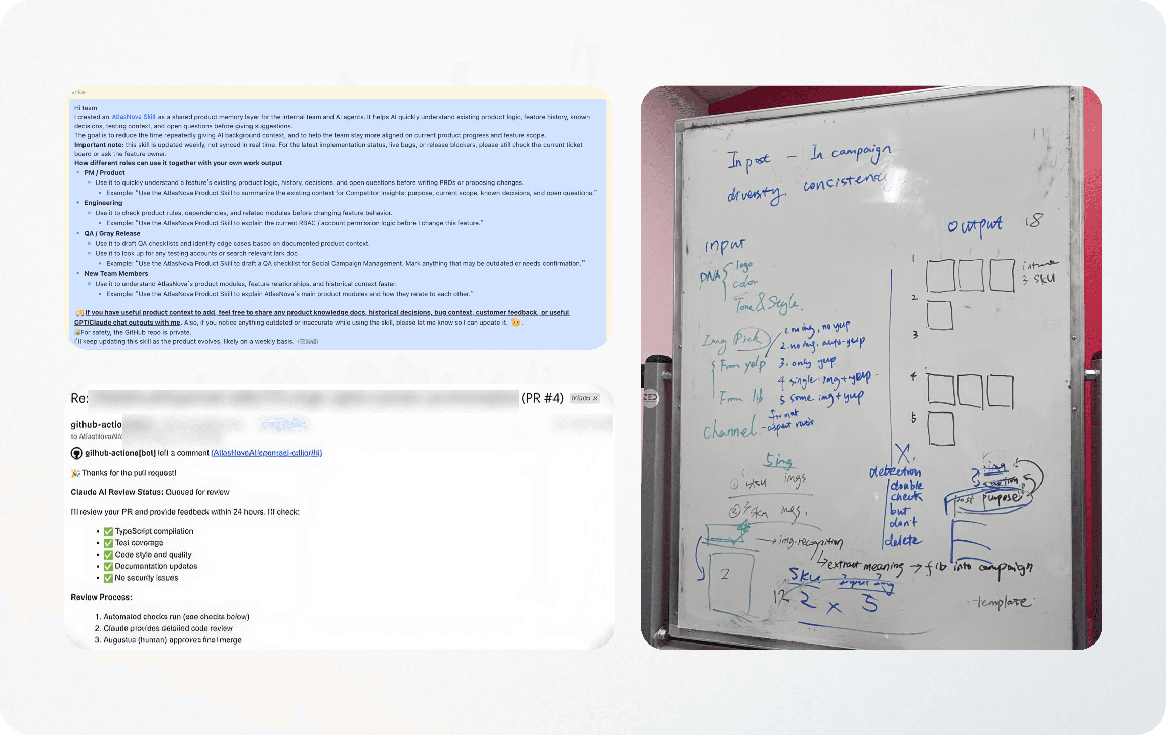 Collaboration evidence including an internal product skill, pull request, and whiteboard