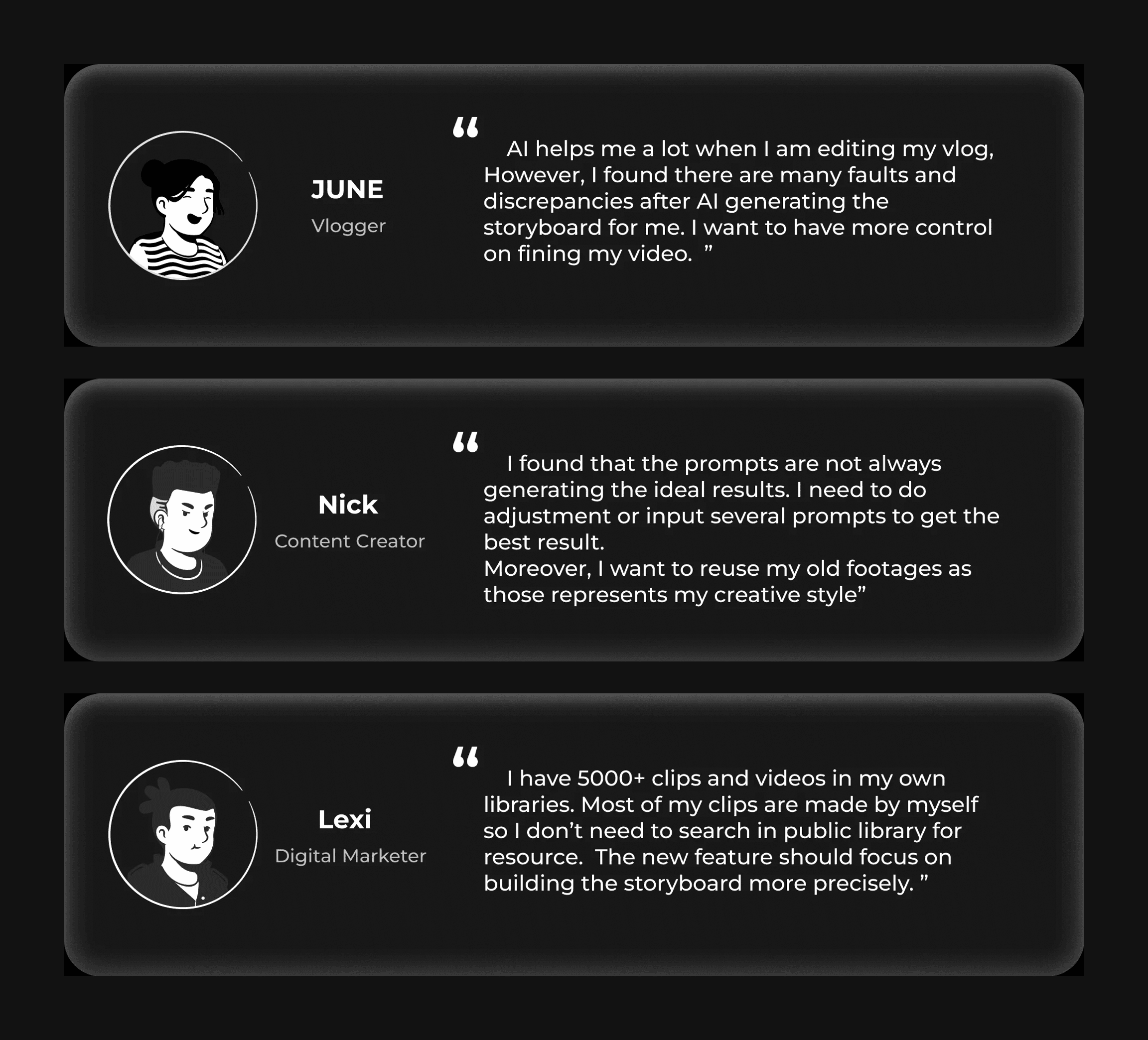 Research quotes from a vlogger, content creator and digital marketer about AI video editing