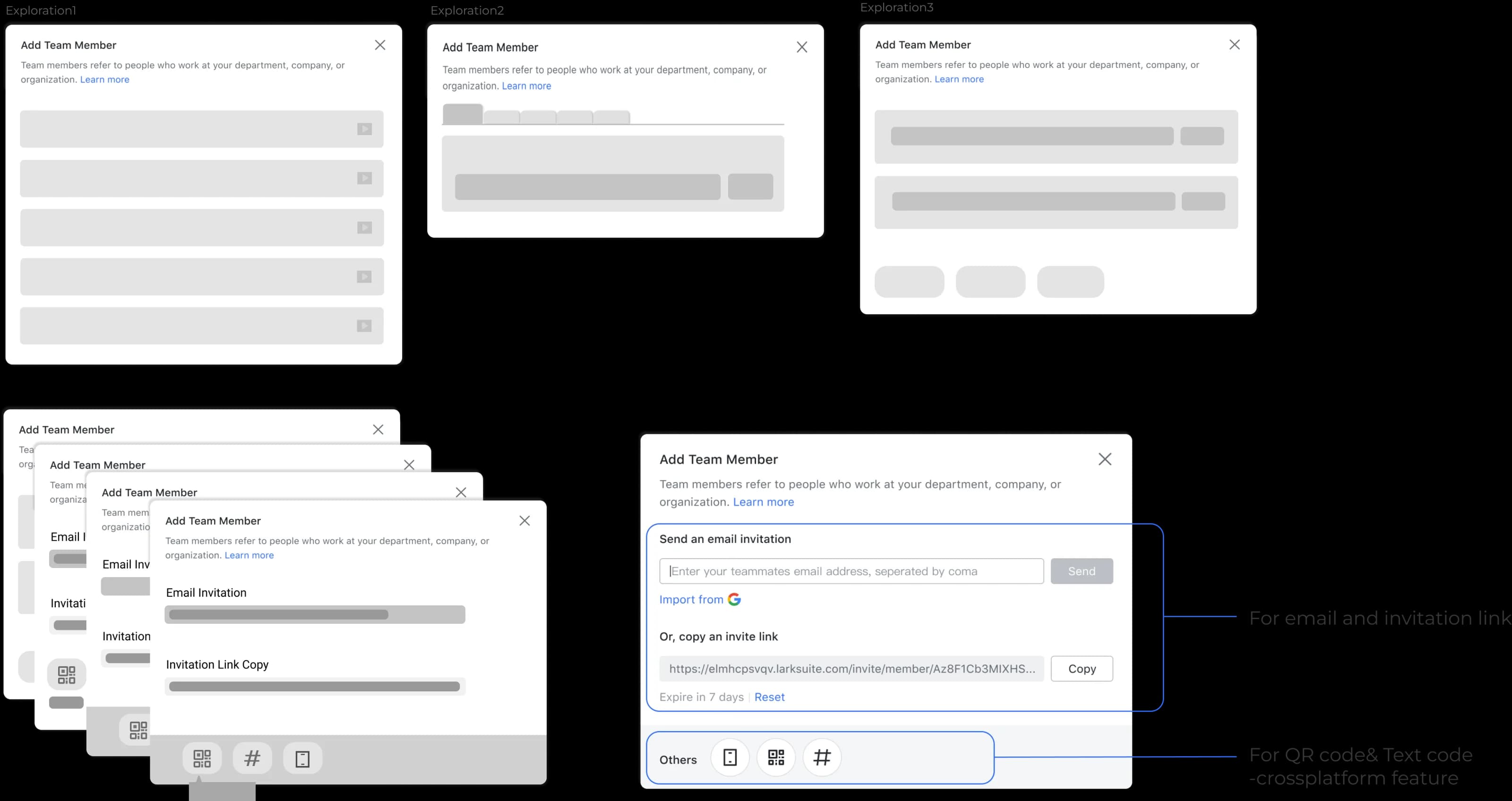 Wireframe explorations of Lark's Add Team Member dialog