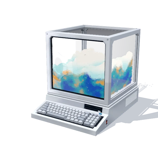 A small 3D machine in a glass case, turning as you point at it